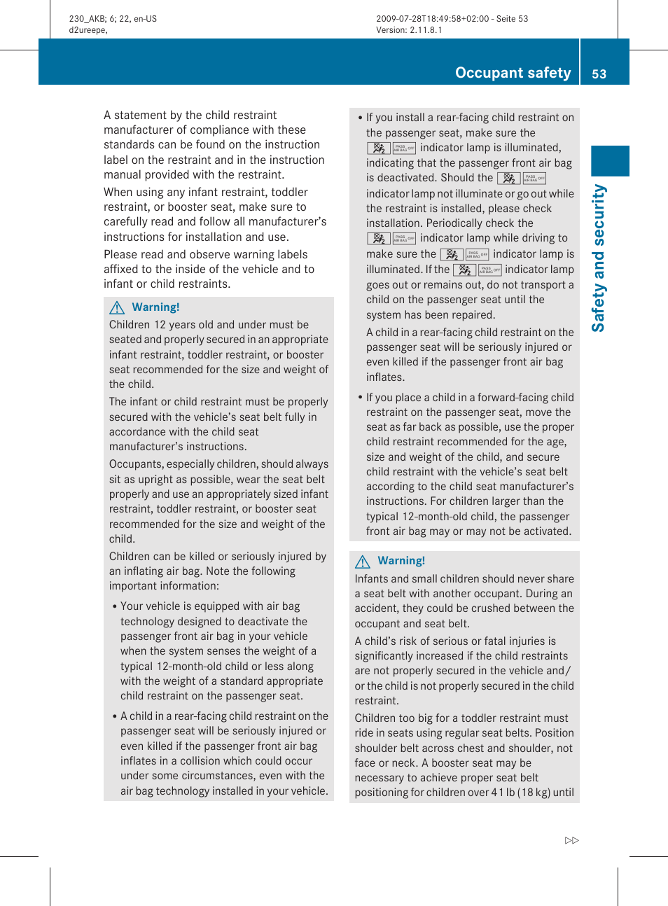 Safety and security, Occupant safety | Mercedes-Benz 2011 SL-Class User Manual | Page 55 / 316