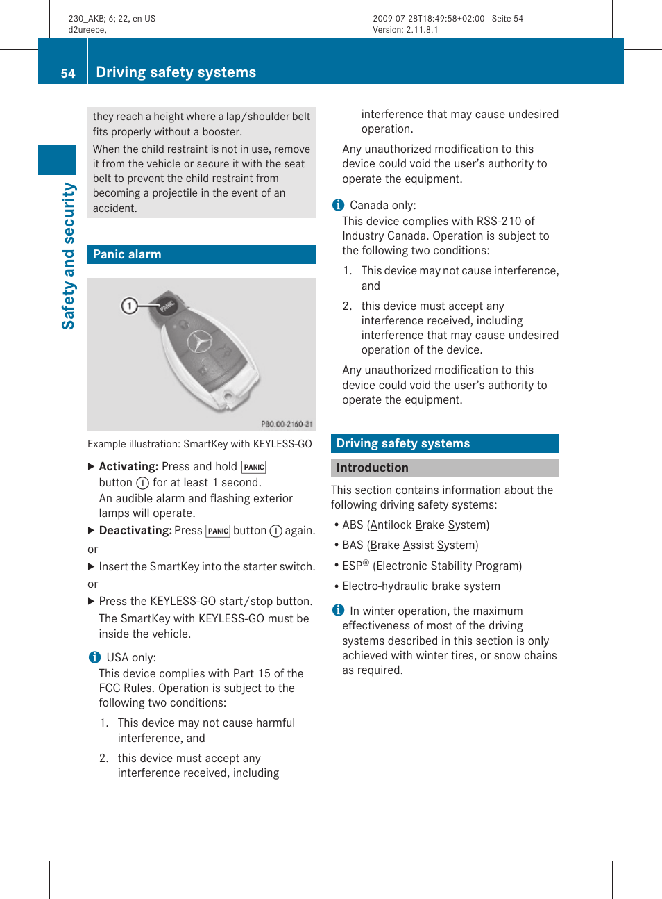 Panic alarm, Driving safety systems, Introduction | Safety and security | Mercedes-Benz 2011 SL-Class User Manual | Page 56 / 316