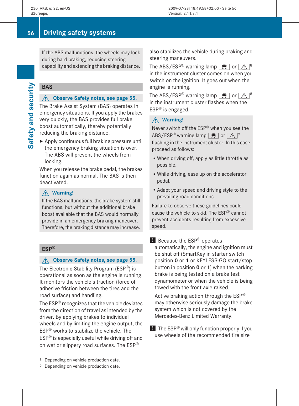 Safety and security, Driving safety systems | Mercedes-Benz 2011 SL-Class User Manual | Page 58 / 316