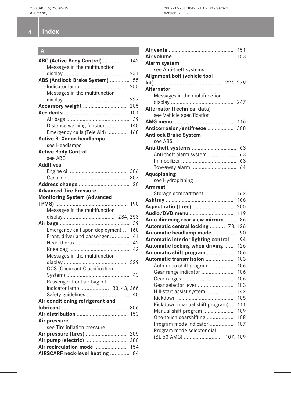 Index | Mercedes-Benz 2011 SL-Class User Manual | Page 6 / 316