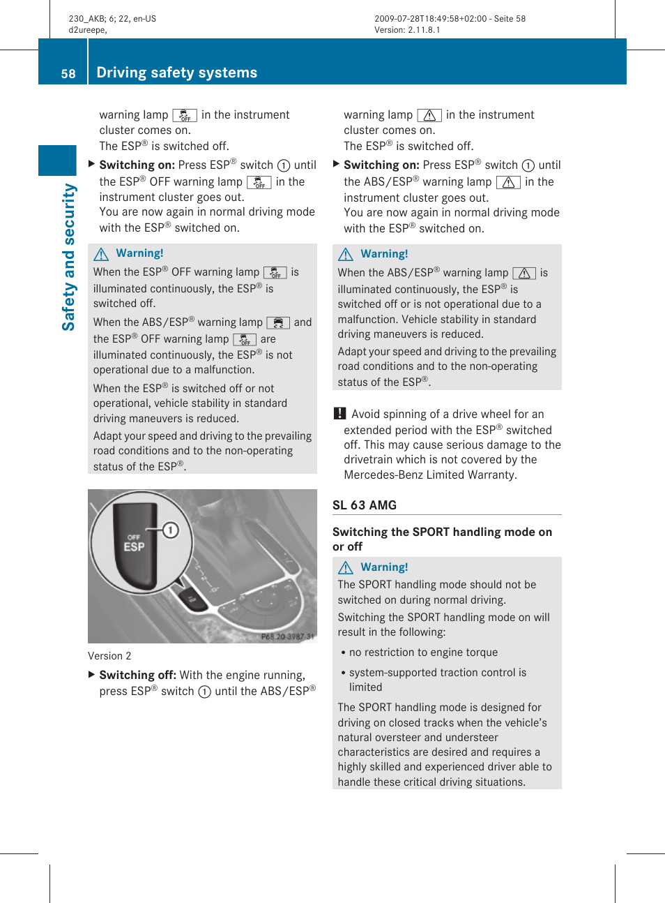 Safety and security, Driving safety systems | Mercedes-Benz 2011 SL-Class User Manual | Page 60 / 316