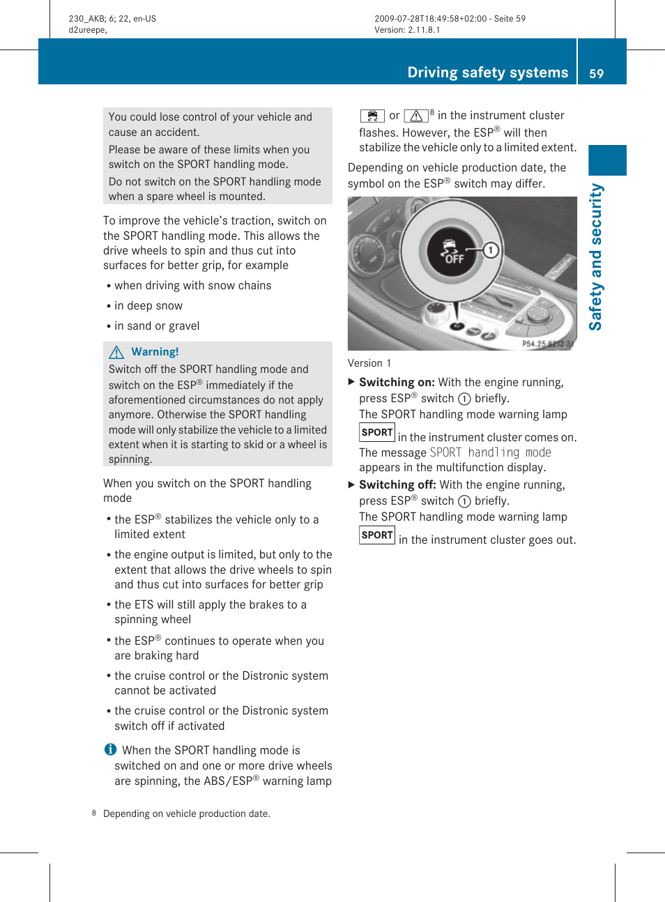 Safety and security, Driving safety systems | Mercedes-Benz 2011 SL-Class User Manual | Page 61 / 316