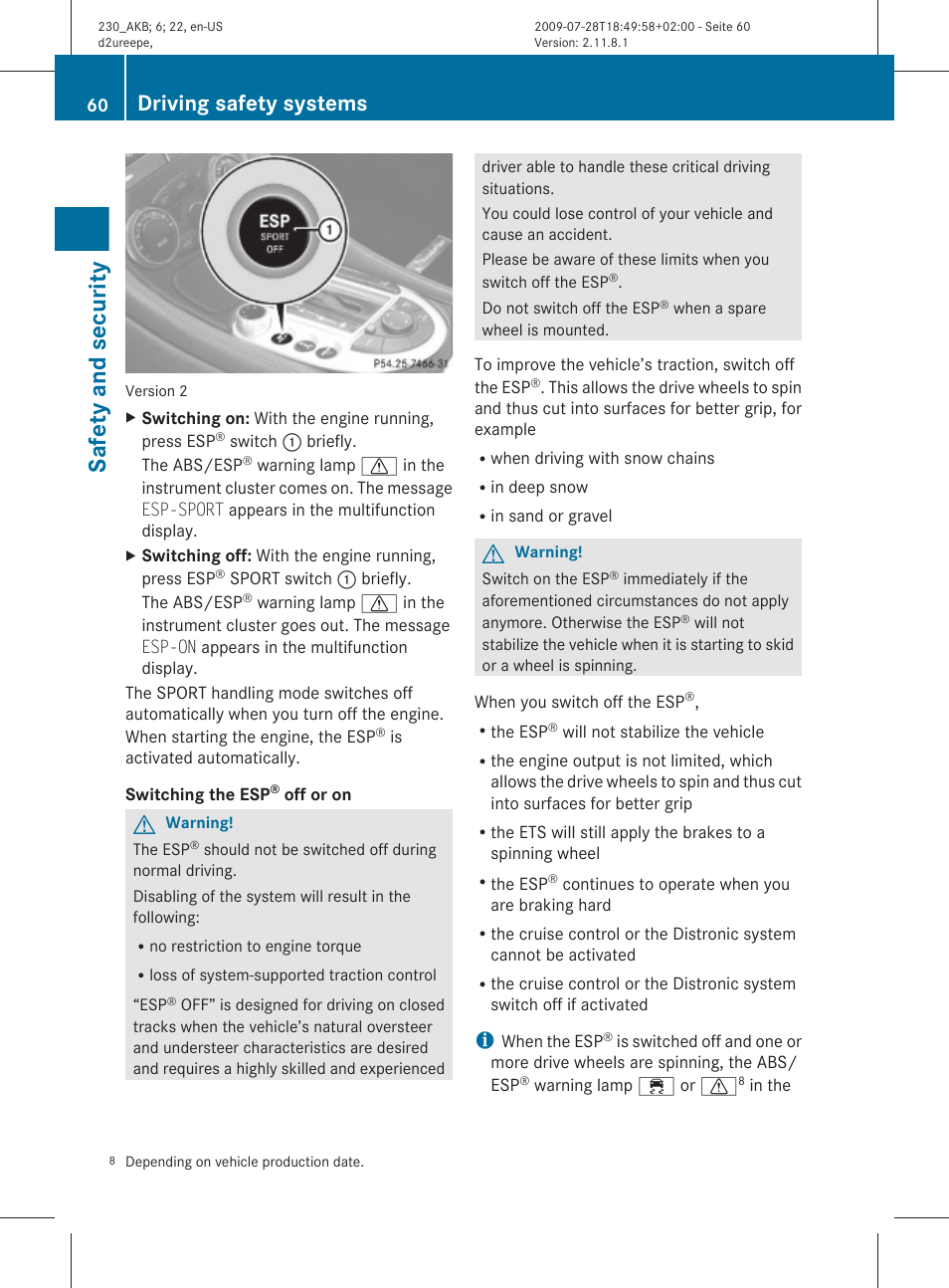 Safety and security, Driving safety systems | Mercedes-Benz 2011 SL-Class User Manual | Page 62 / 316