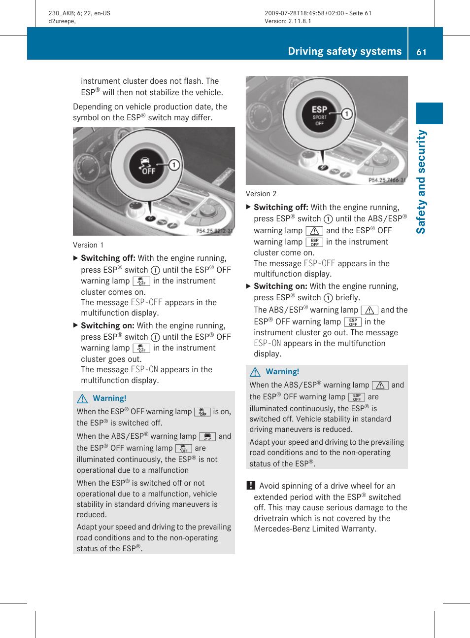 Safety and security, Driving safety systems | Mercedes-Benz 2011 SL-Class User Manual | Page 63 / 316