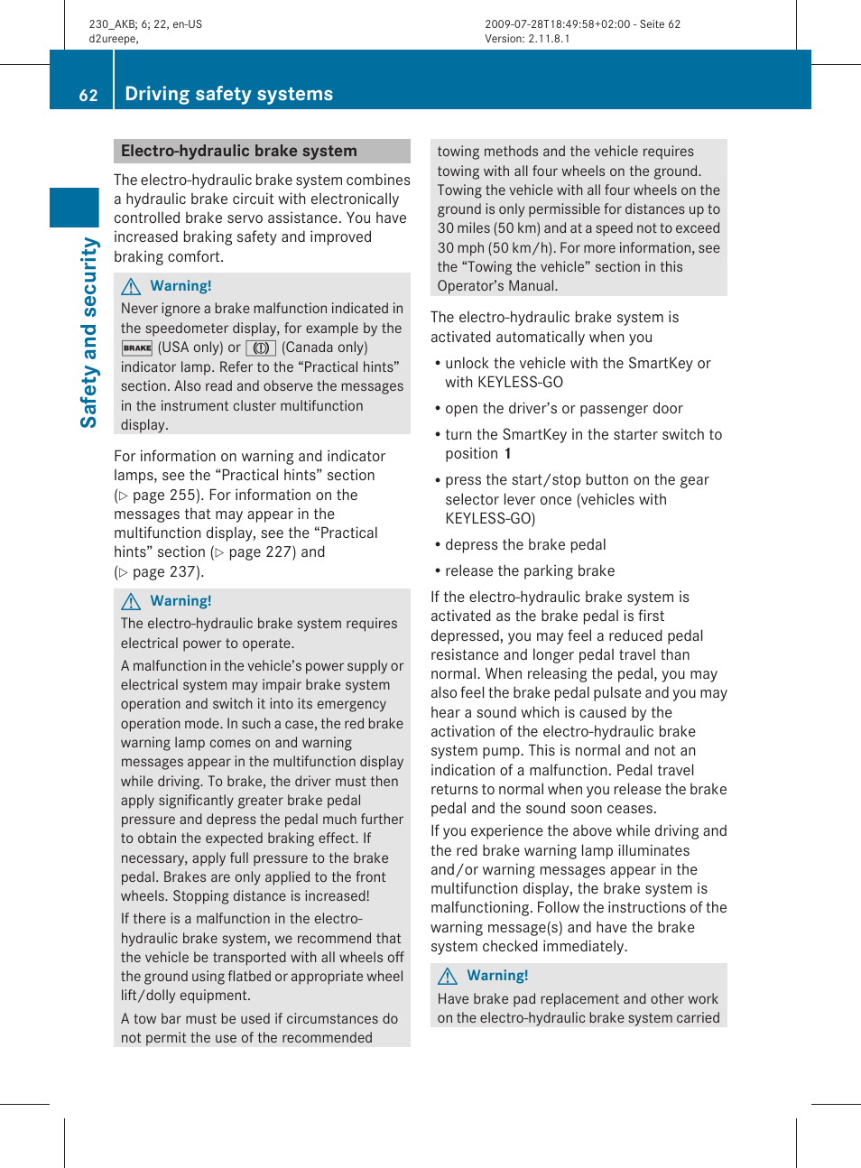 Electro-hydraulic brake system, Safety and security, Driving safety systems | Mercedes-Benz 2011 SL-Class User Manual | Page 64 / 316