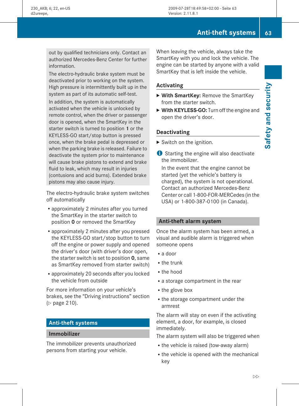 Anti-theft systems, Immobilizer, Anti-theft alarm system | Safety and security | Mercedes-Benz 2011 SL-Class User Manual | Page 65 / 316