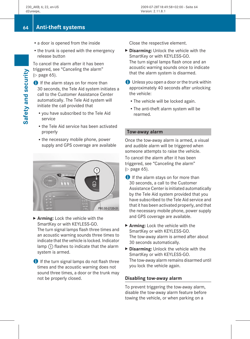 Tow-away alarm, Safety and security, Anti-theft systems | Mercedes-Benz 2011 SL-Class User Manual | Page 66 / 316