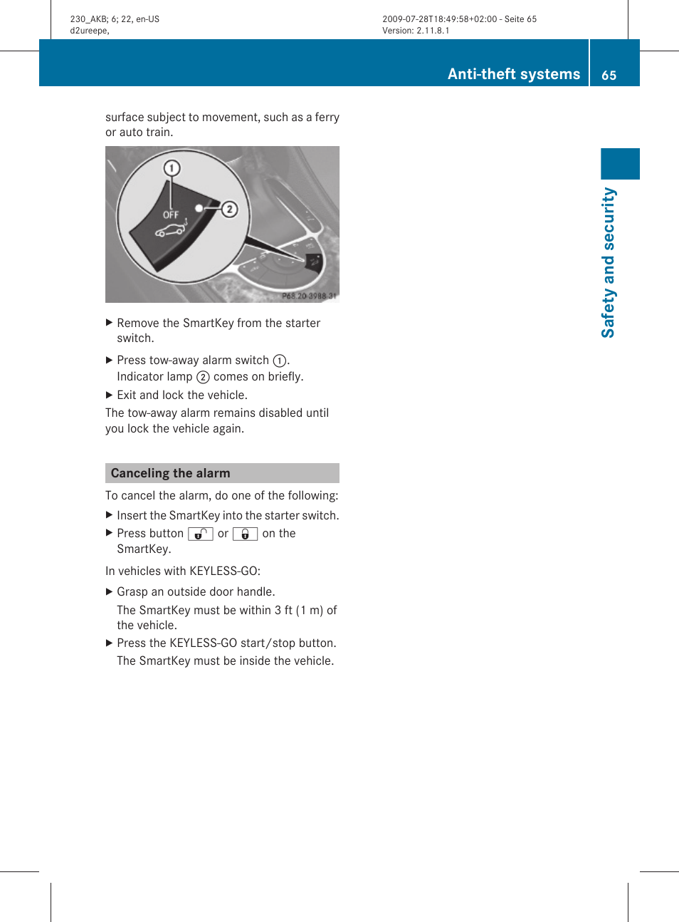 Canceling the alarm, Safety and security, Anti-theft systems | Mercedes-Benz 2011 SL-Class User Manual | Page 67 / 316