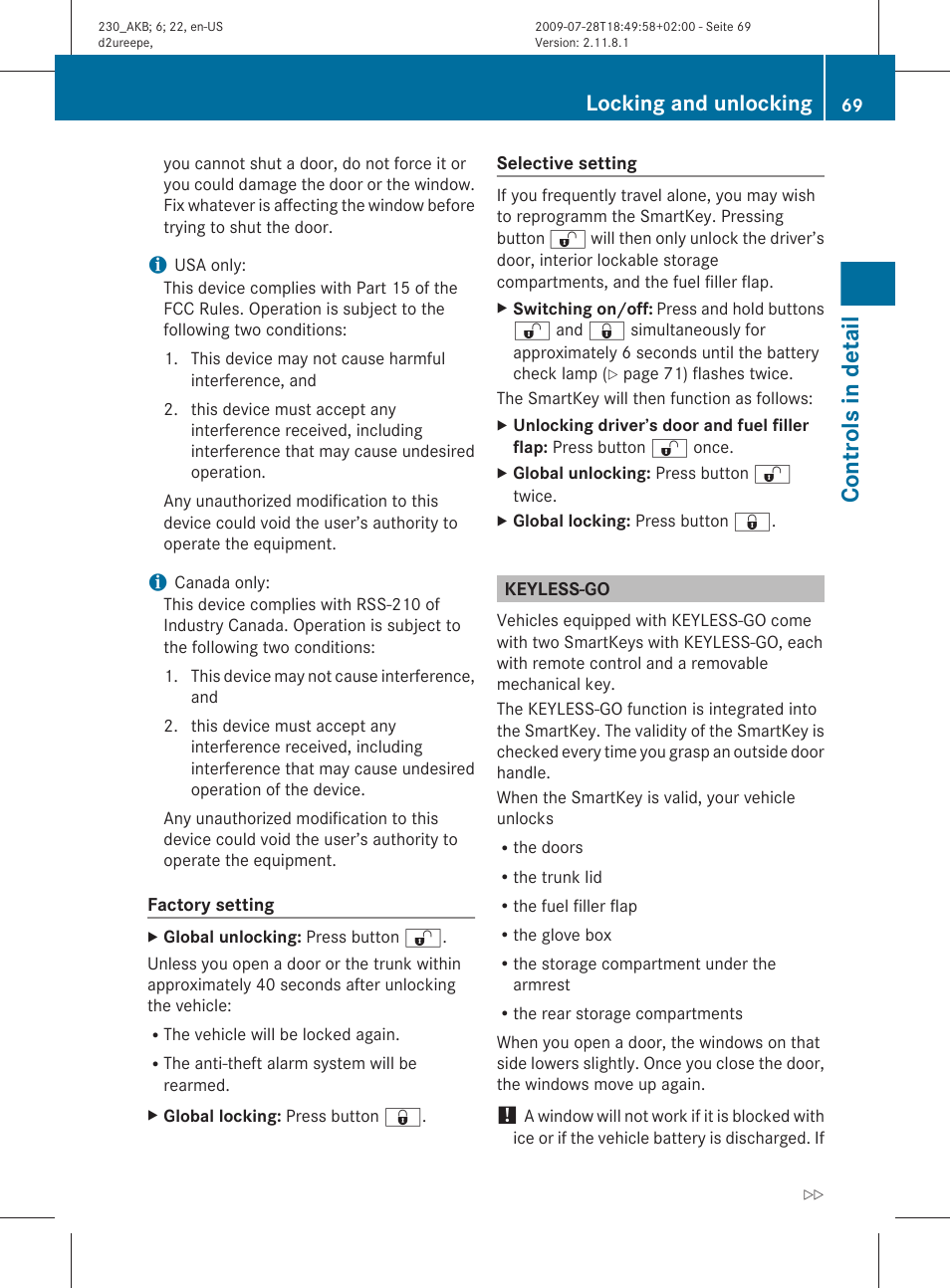 Keyless-go, Controls in detail, Locking and unlocking | Mercedes-Benz 2011 SL-Class User Manual | Page 71 / 316