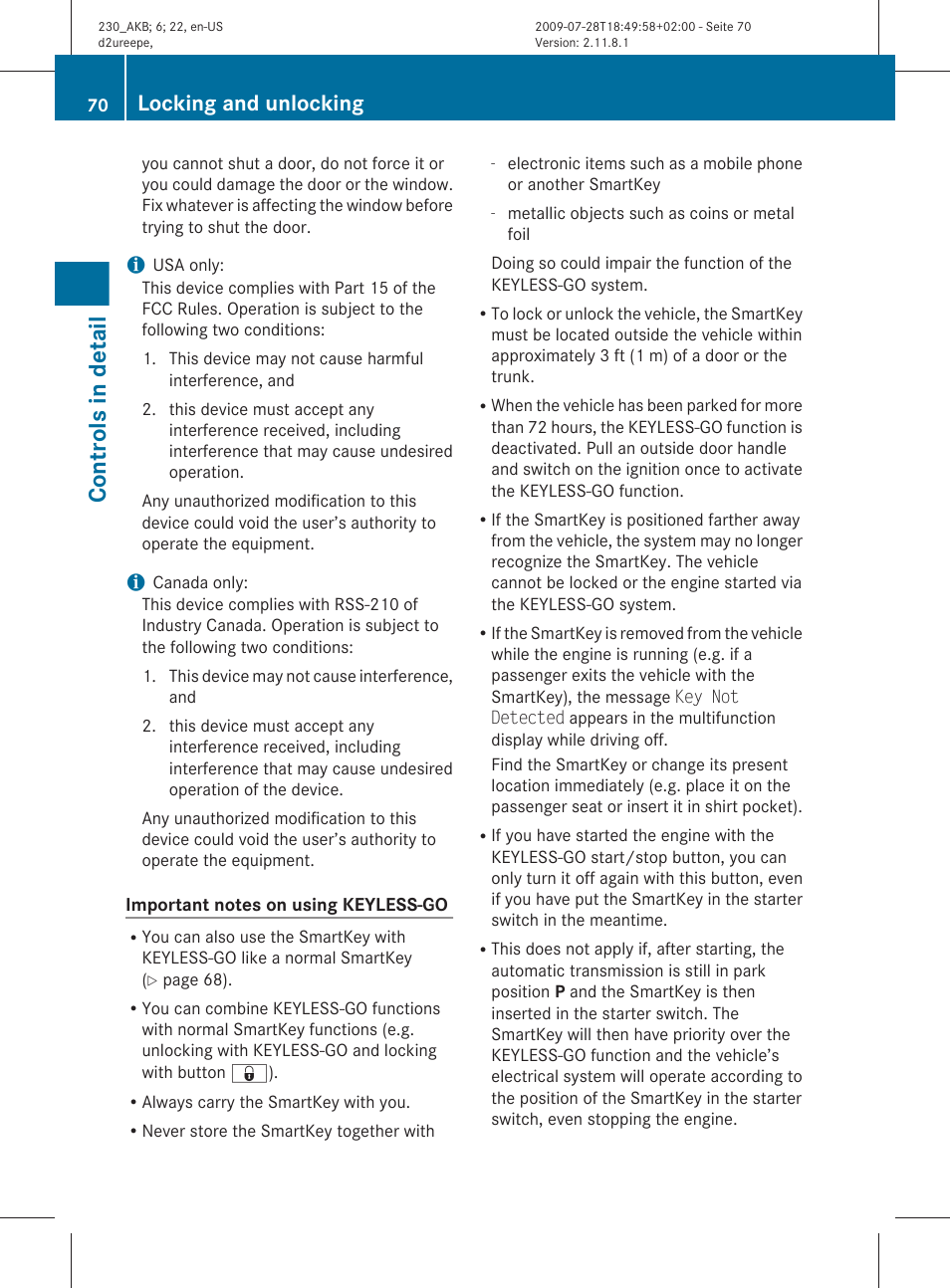 Controls in detail, Locking and unlocking | Mercedes-Benz 2011 SL-Class User Manual | Page 72 / 316