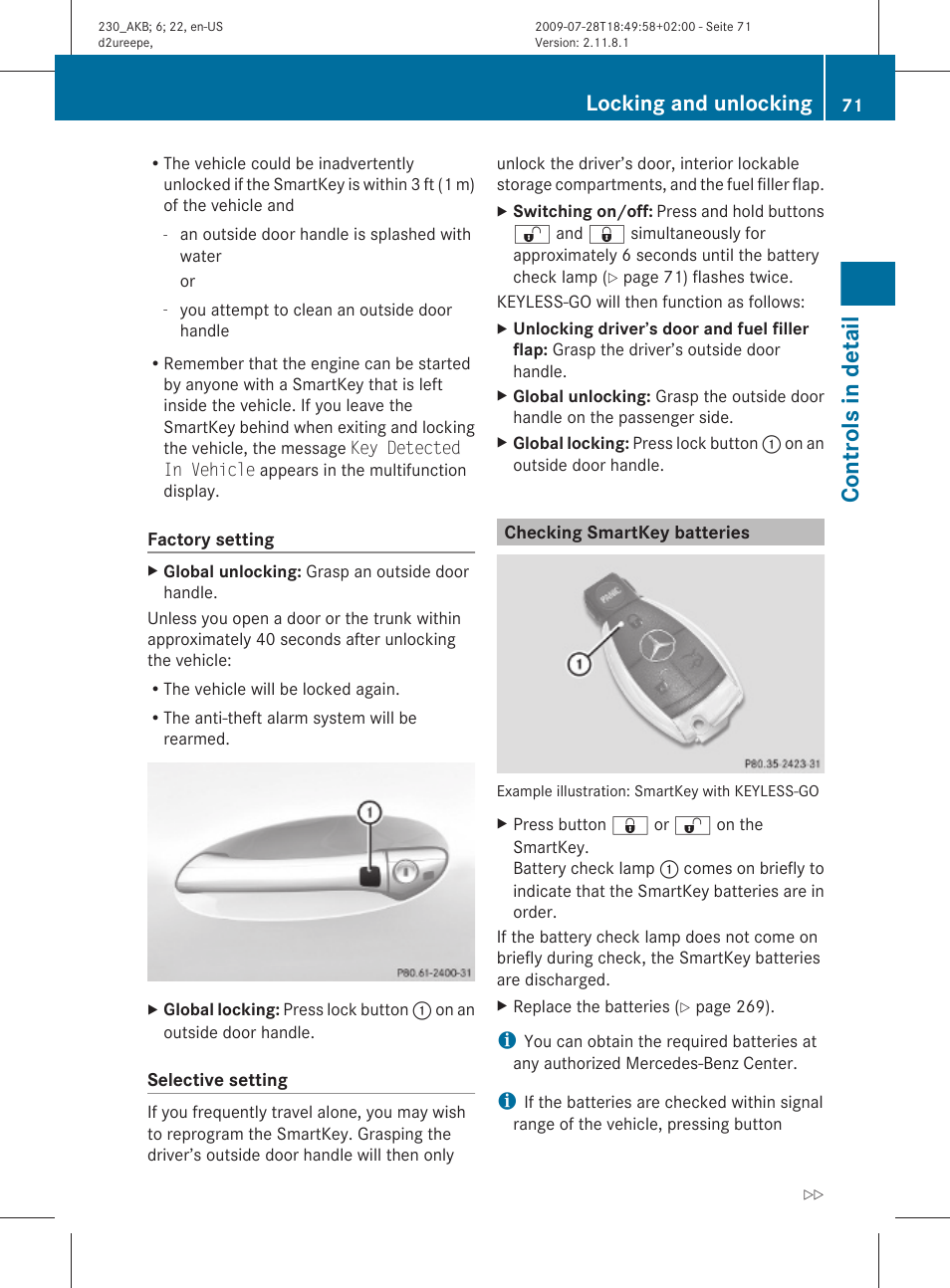 Checking smartkey batteries, Controls in detail, Locking and unlocking | Mercedes-Benz 2011 SL-Class User Manual | Page 73 / 316