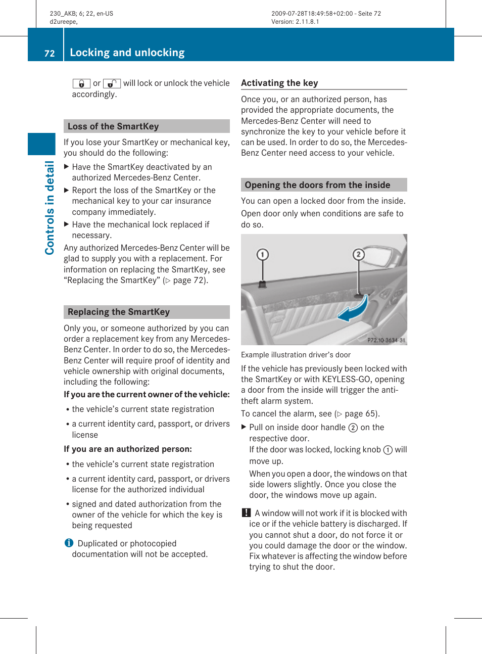 Loss of the smartkey, Replacing the smartkey, Opening the doors from the inside | Controls in detail, Locking and unlocking | Mercedes-Benz 2011 SL-Class User Manual | Page 74 / 316