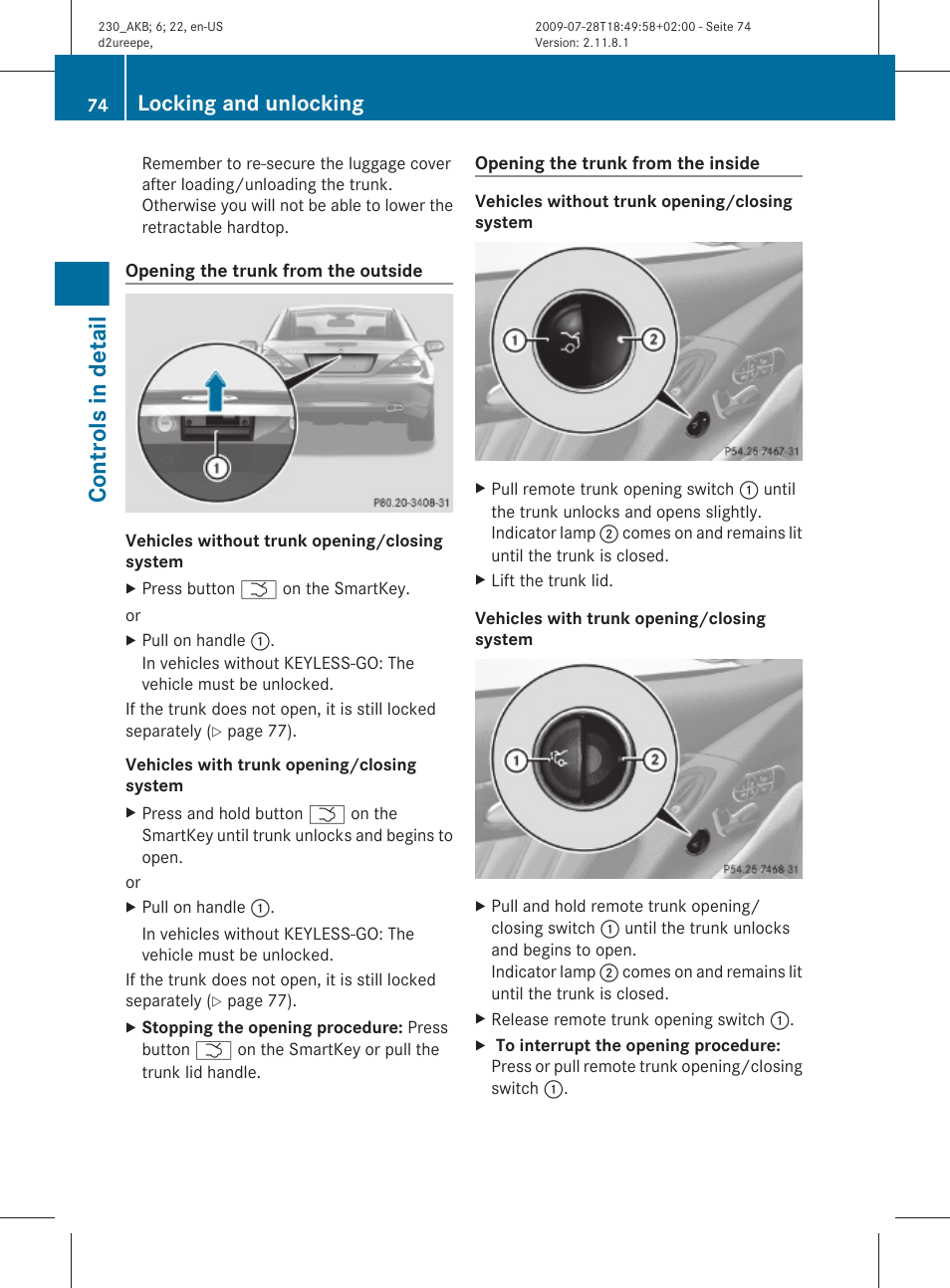 Controls in detail, Locking and unlocking | Mercedes-Benz 2011 SL-Class User Manual | Page 76 / 316