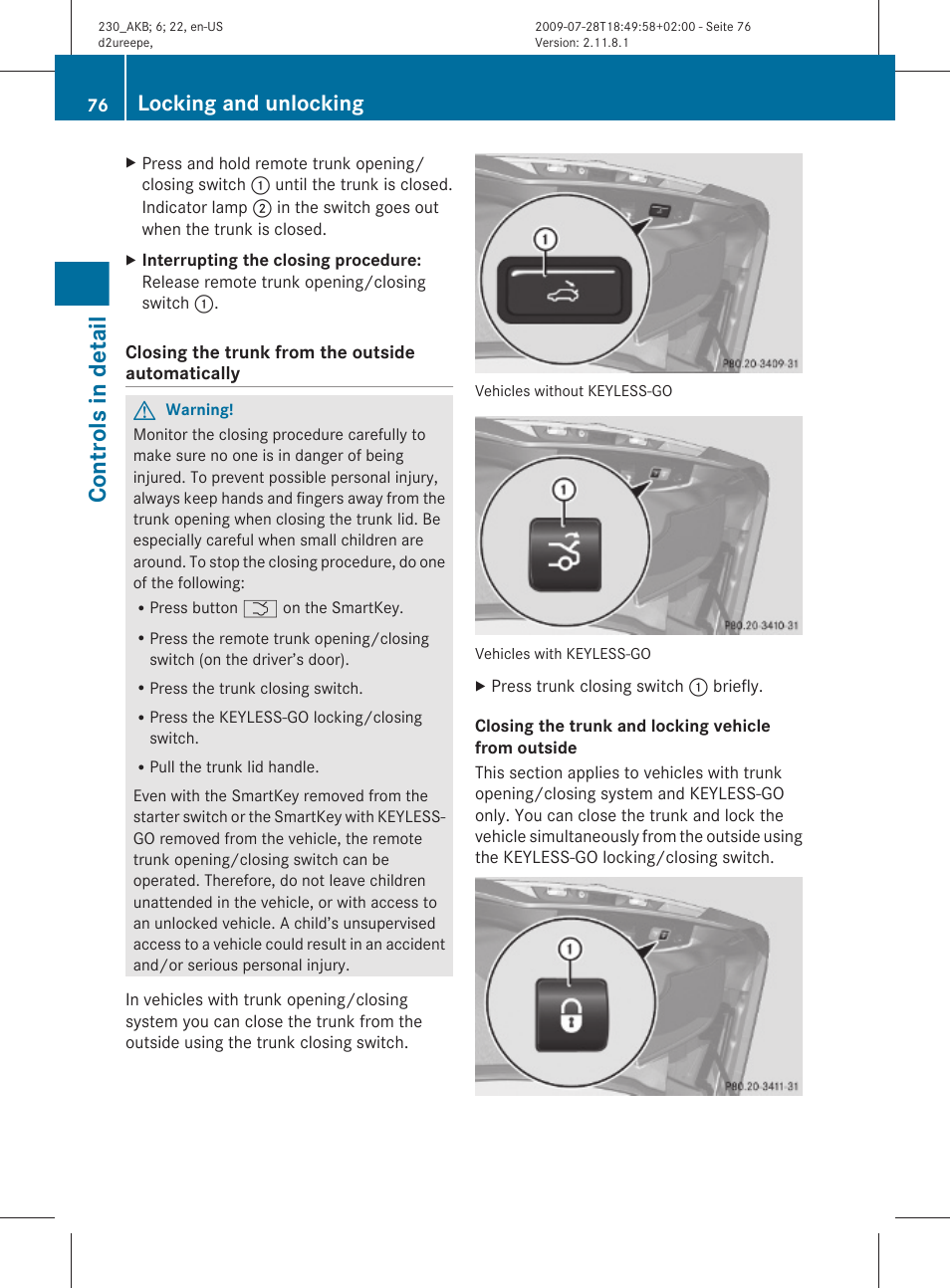 Controls in detail, Locking and unlocking | Mercedes-Benz 2011 SL-Class User Manual | Page 78 / 316