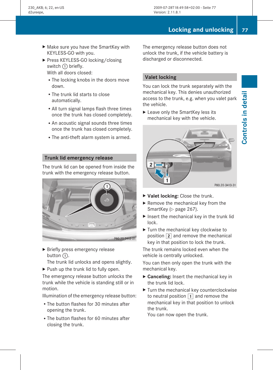 Trunk lid emergency release, Valet locking, Separately | Controls in detail, Locking and unlocking | Mercedes-Benz 2011 SL-Class User Manual | Page 79 / 316