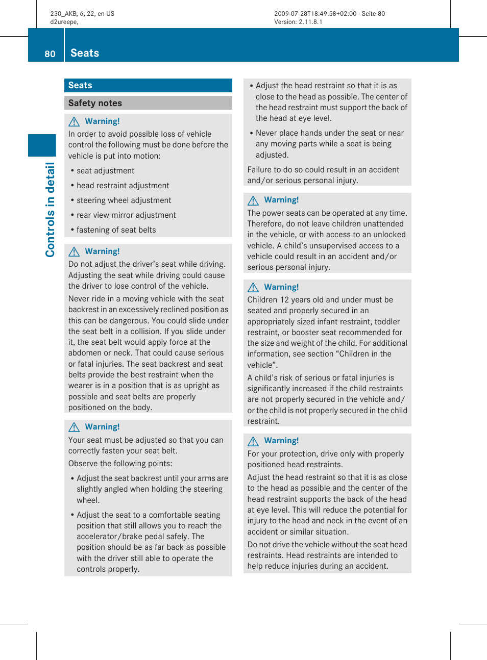 Seats, Safety notes, Controls in detail | Mercedes-Benz 2011 SL-Class User Manual | Page 82 / 316