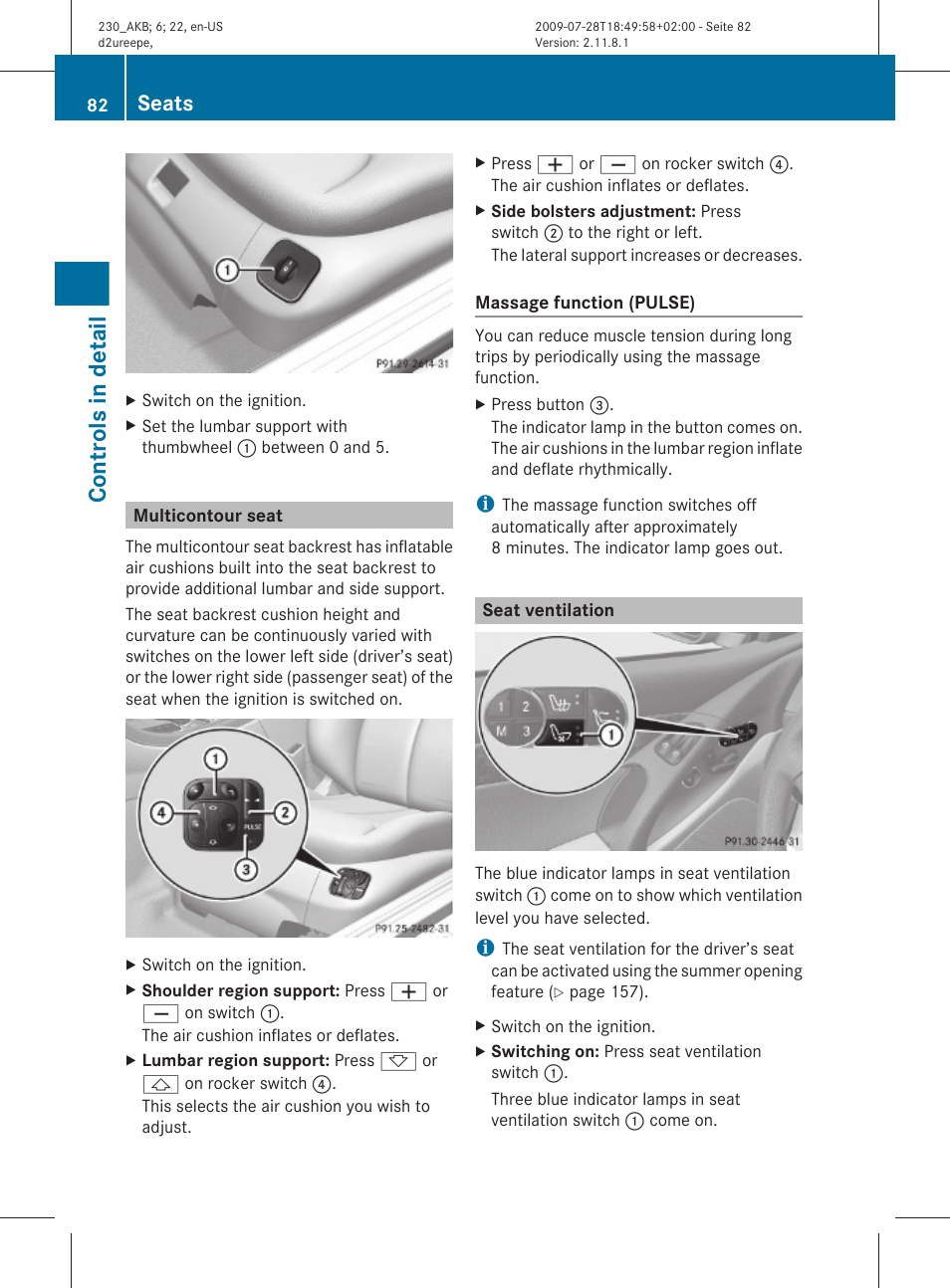 Multicontour seat, Seat ventilation, Controls in detail | Seats | Mercedes-Benz 2011 SL-Class User Manual | Page 84 / 316