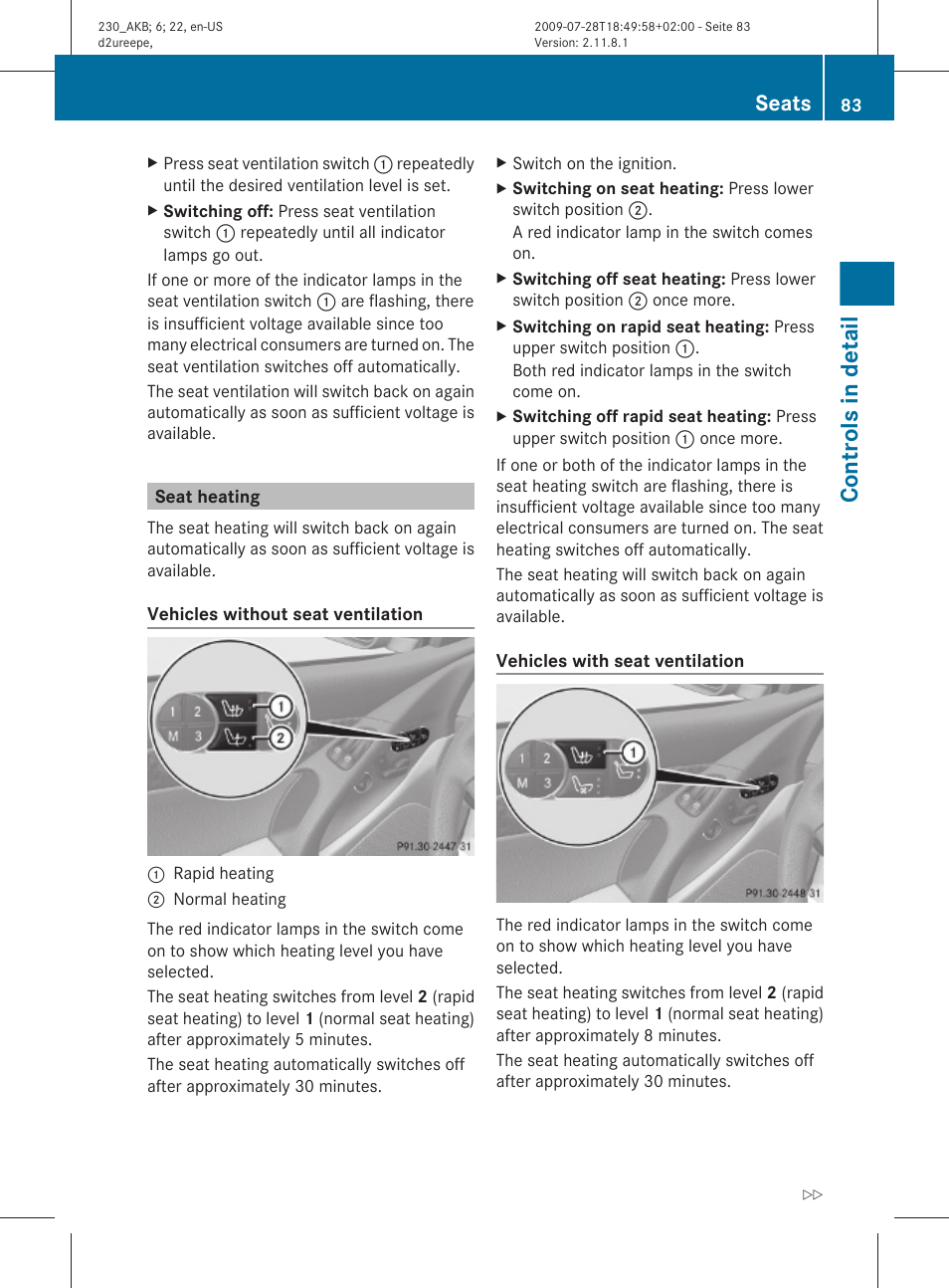 Seat heating, Controls in detail, Seats | Mercedes-Benz 2011 SL-Class User Manual | Page 85 / 316