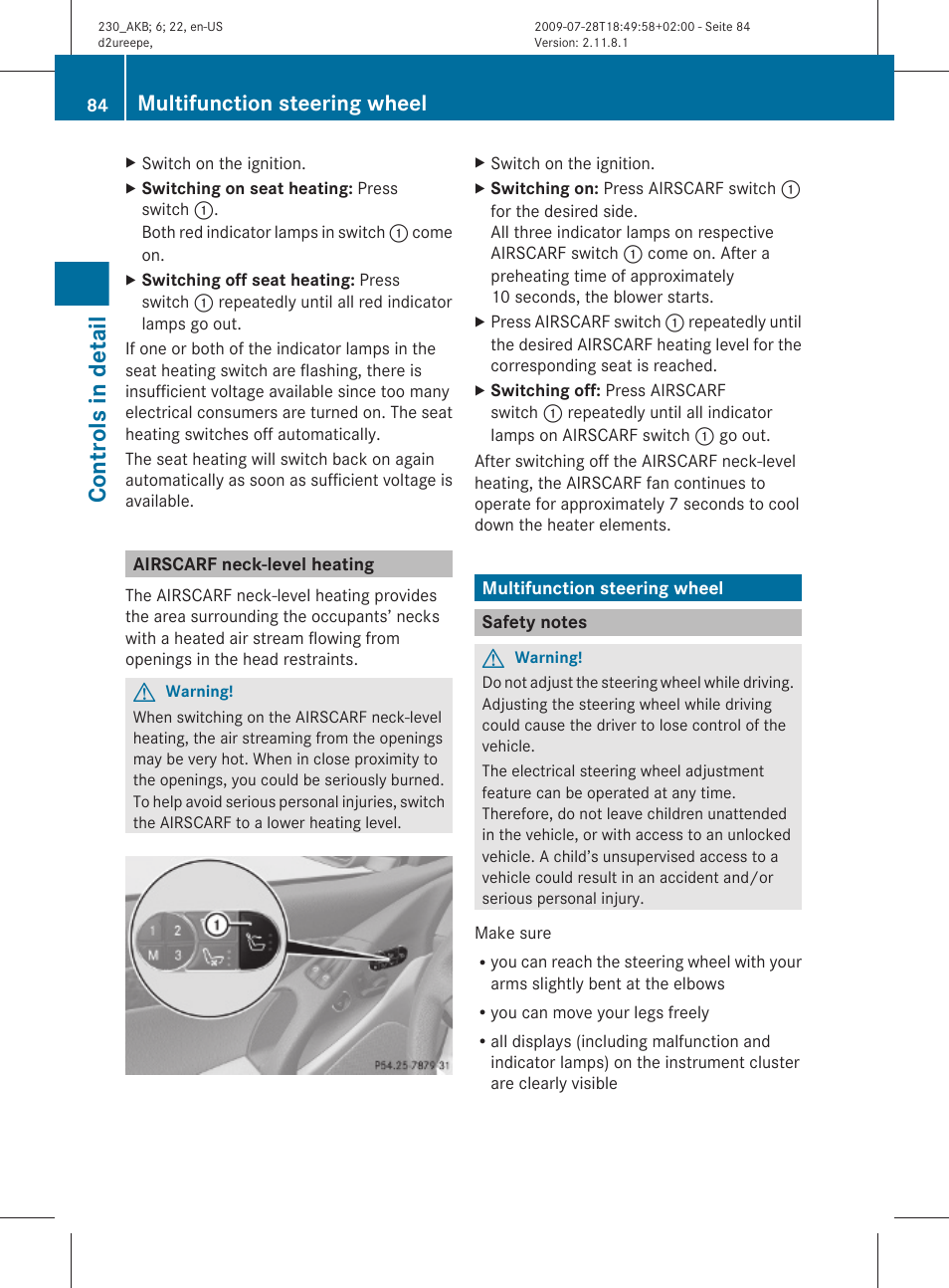 Airscarf neck-level heating, Multifunction steering wheel, Safety notes | Controls in detail | Mercedes-Benz 2011 SL-Class User Manual | Page 86 / 316