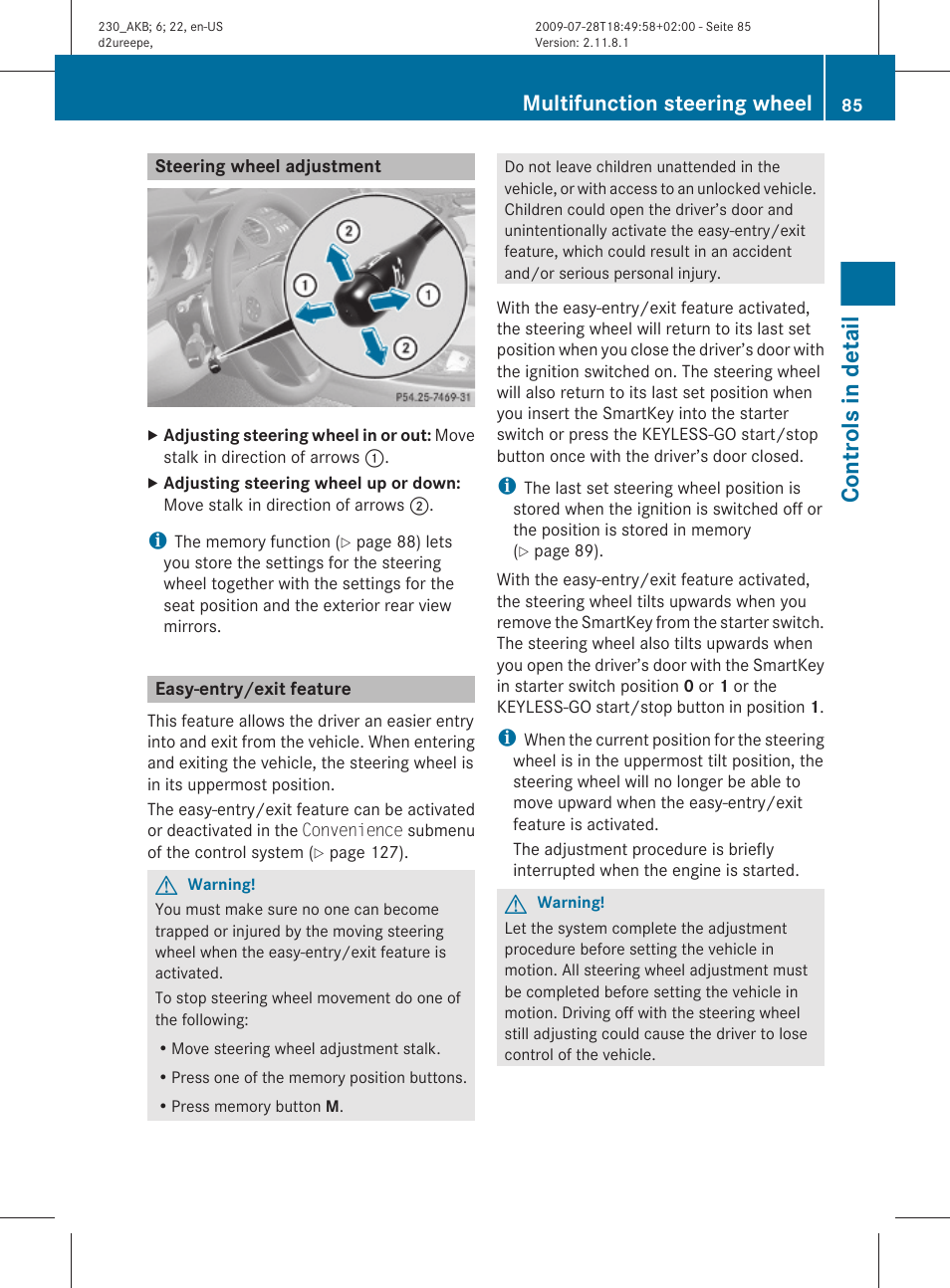 Steering wheel adjustment, Easy-entry/exit feature, Controls in detail | Multifunction steering wheel | Mercedes-Benz 2011 SL-Class User Manual | Page 87 / 316