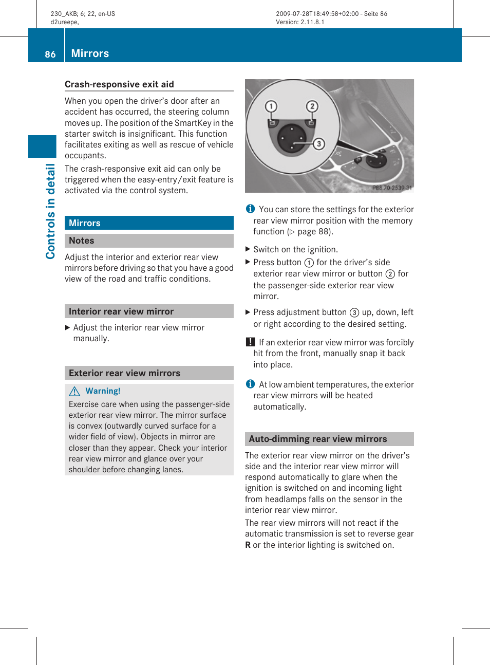 Mirrors, Notes, Interior rear view mirror | Exterior rear view mirrors, Auto-dimming rear view mirrors, Controls in detail | Mercedes-Benz 2011 SL-Class User Manual | Page 88 / 316