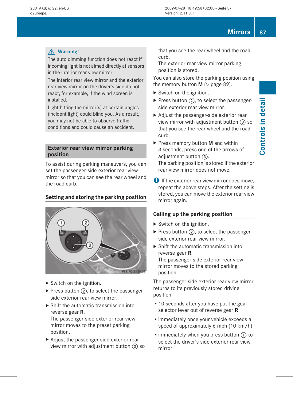 Exterior rear view mirror parking position, Controls in detail, Mirrors | Mercedes-Benz 2011 SL-Class User Manual | Page 89 / 316