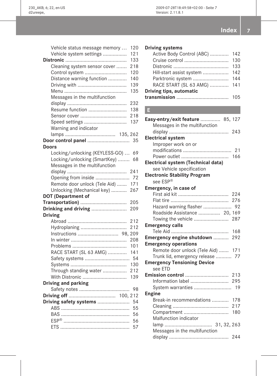 Index | Mercedes-Benz 2011 SL-Class User Manual | Page 9 / 316