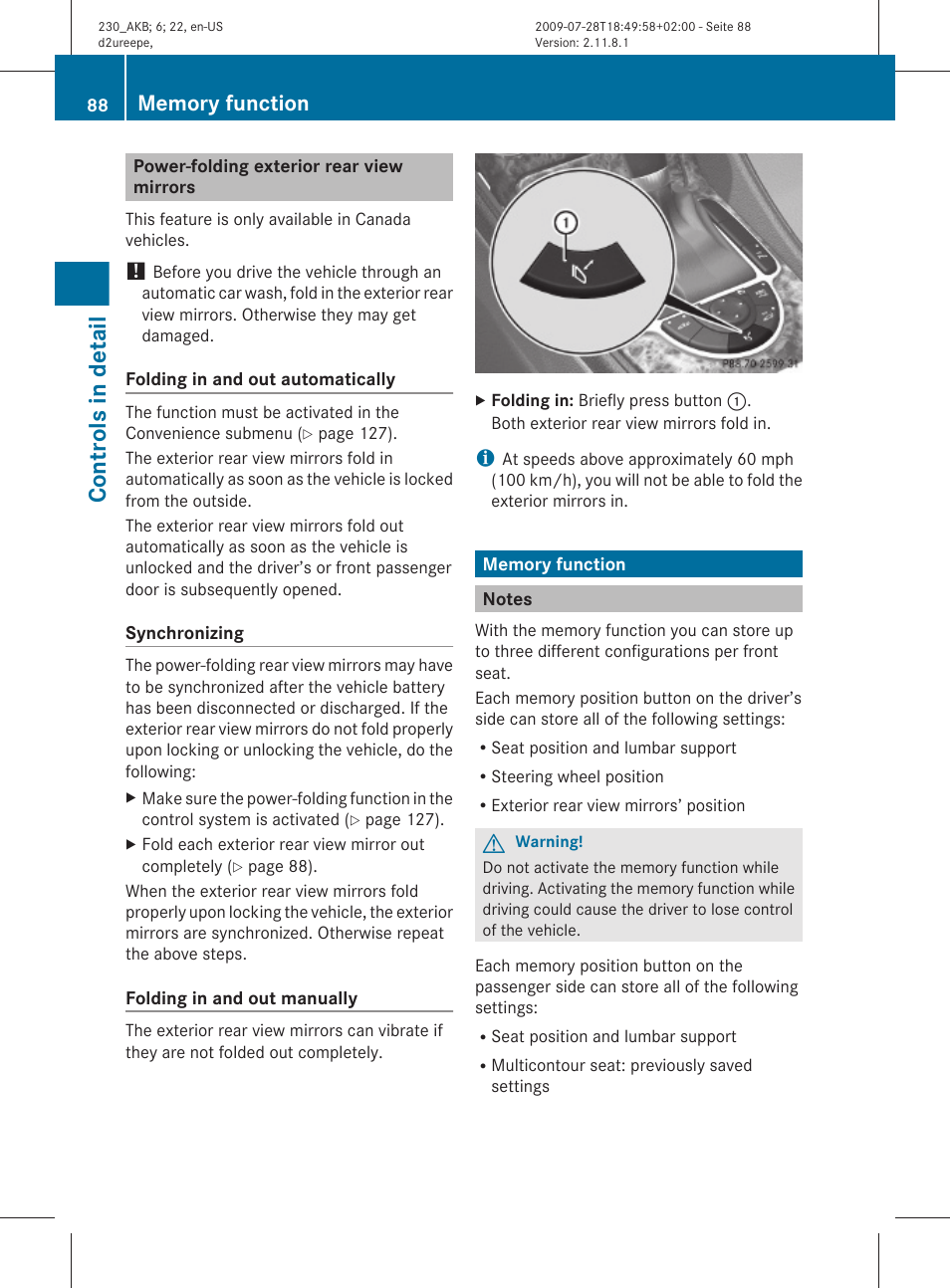 Power-folding exterior rear view mirrors, Memory function, Notes | The memory function, Controls in detail | Mercedes-Benz 2011 SL-Class User Manual | Page 90 / 316