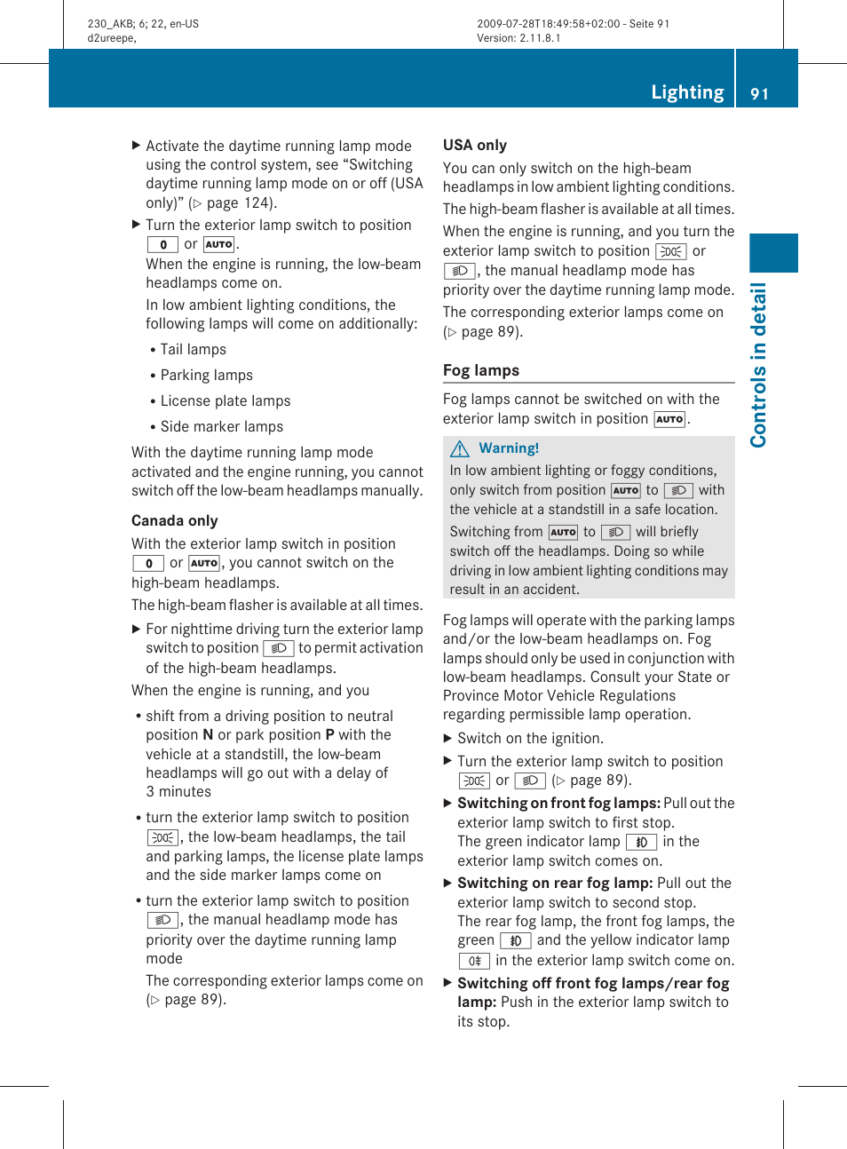 Controls in detail, Lighting | Mercedes-Benz 2011 SL-Class User Manual | Page 93 / 316