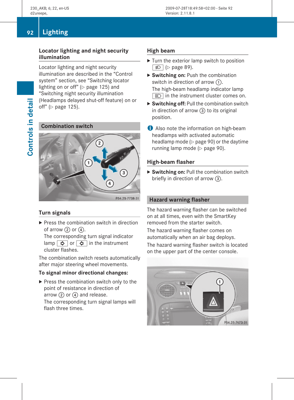 Combination switch, Hazard warning flasher, Controls in detail | Lighting | Mercedes-Benz 2011 SL-Class User Manual | Page 94 / 316