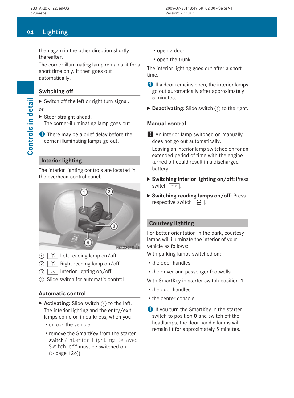 Interior lighting, Courtesy lighting, Controls in detail | Lighting | Mercedes-Benz 2011 SL-Class User Manual | Page 96 / 316