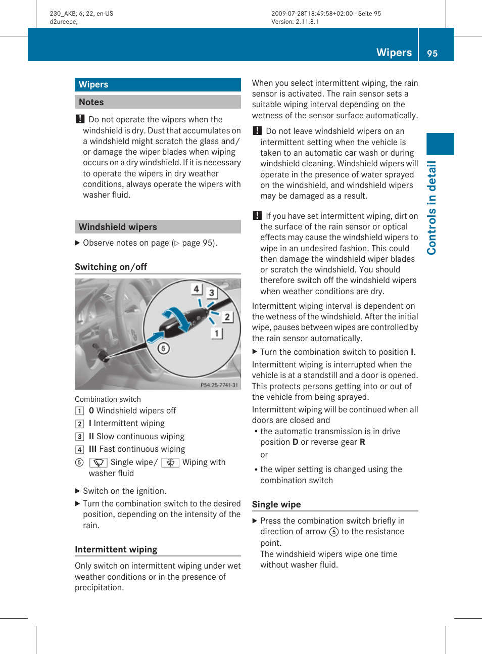 Wipers, Notes, Windshield wipers | Controls in detail | Mercedes-Benz 2011 SL-Class User Manual | Page 97 / 316