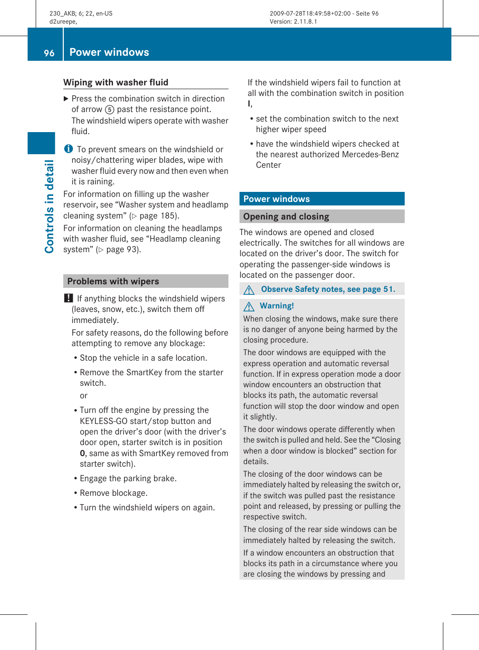 Problems with wipers, Power windows, Opening and closing | Controls in detail | Mercedes-Benz 2011 SL-Class User Manual | Page 98 / 316