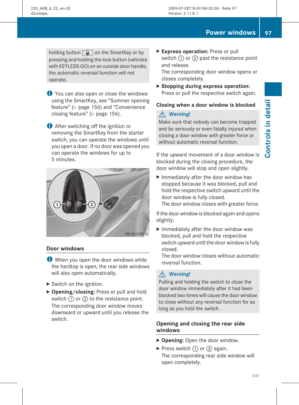 Controls in detail, Power windows | Mercedes-Benz 2011 SL-Class User Manual | Page 99 / 316