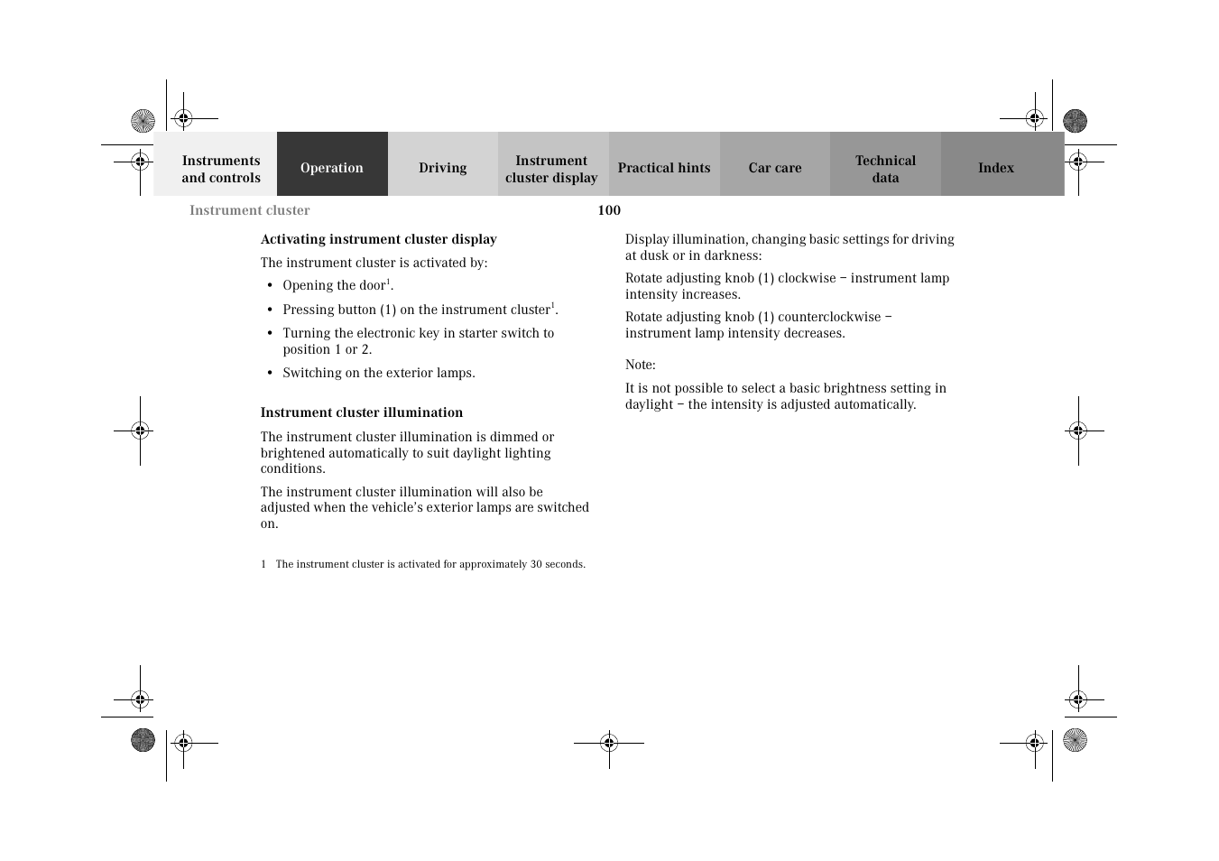 Activating instrument cluster display, Instrument cluster illumination | Mercedes-Benz 2002 C-Class User Manual | Page 103 / 406