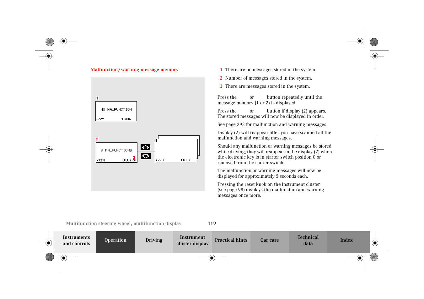 Malfunction/warning message memory, Malfunction/warning, Message memory | Mercedes-Benz 2002 C-Class User Manual | Page 122 / 406