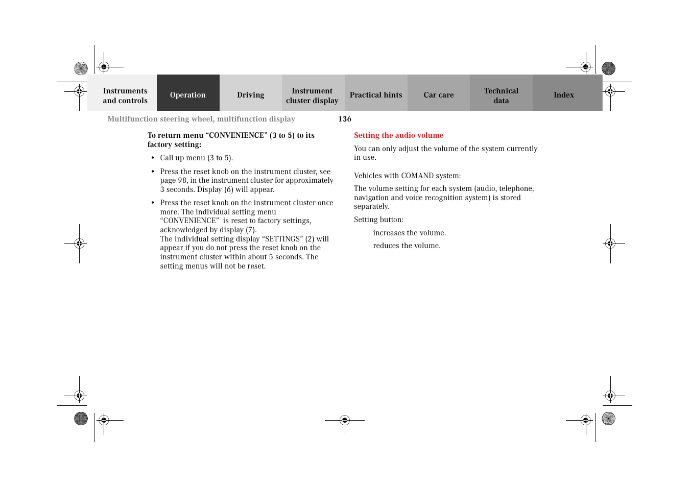 To return menu, Setting the audio volume | Mercedes-Benz 2002 C-Class User Manual | Page 139 / 406