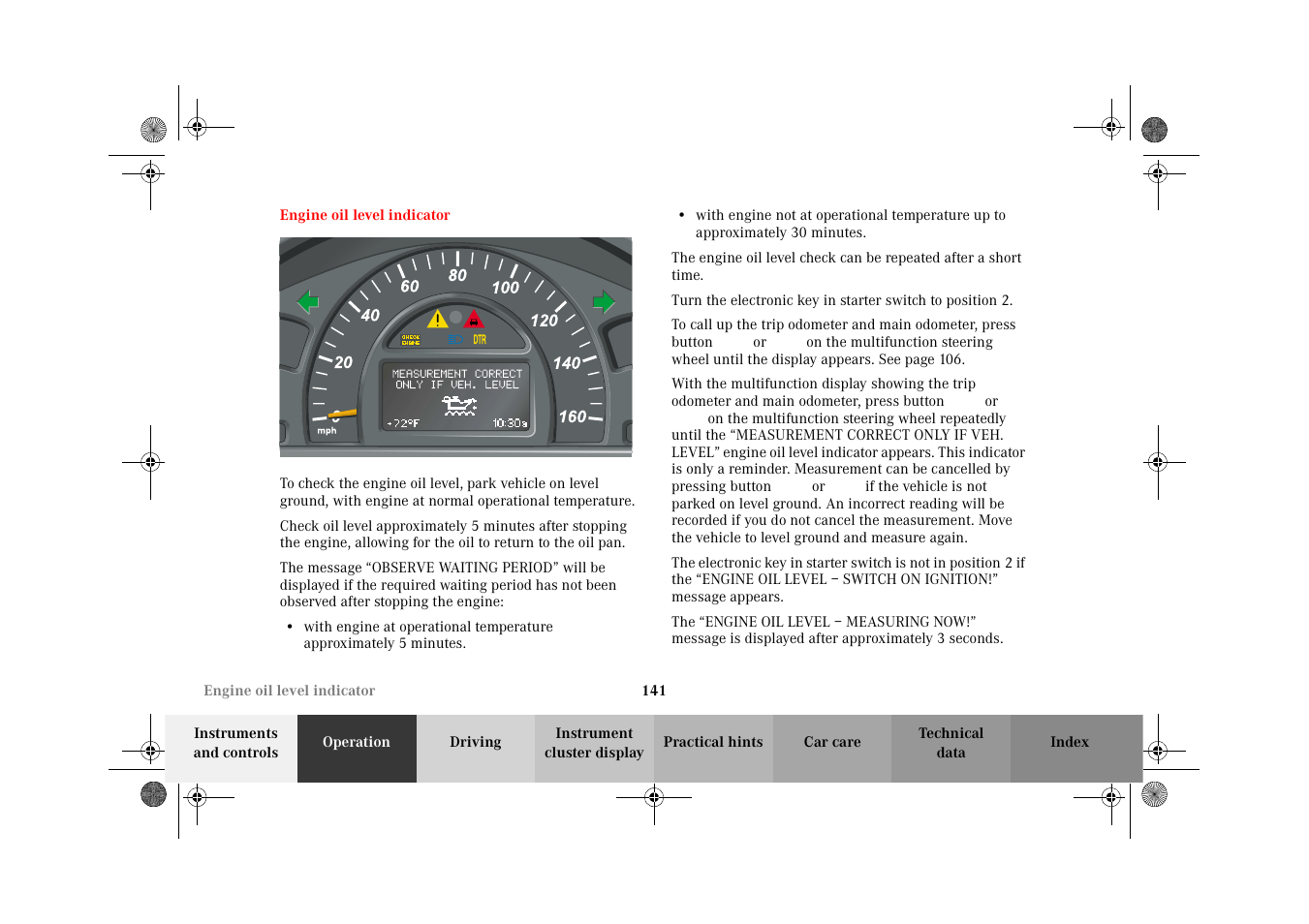 Engine oil level indicator | Mercedes-Benz 2002 C-Class User Manual | Page 144 / 406