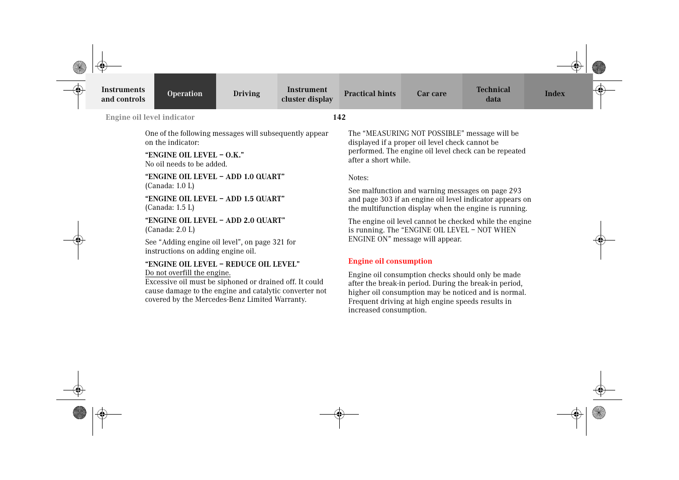 Engine oil consumption | Mercedes-Benz 2002 C-Class User Manual | Page 145 / 406