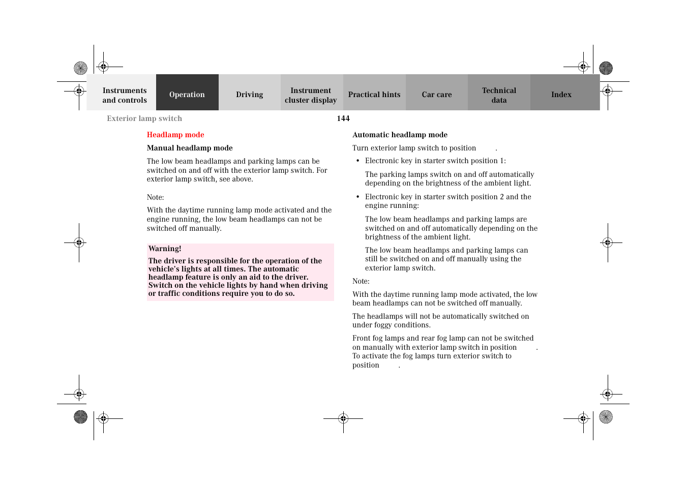 Headlamp mode, Manual headlamp mode, Automatic headlamp mode | Mercedes-Benz 2002 C-Class User Manual | Page 147 / 406