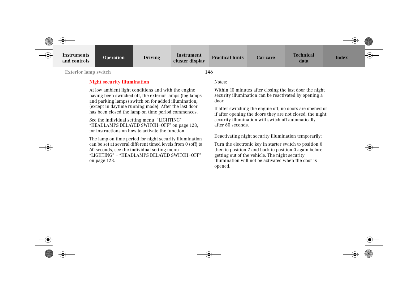 Night security illumination | Mercedes-Benz 2002 C-Class User Manual | Page 149 / 406