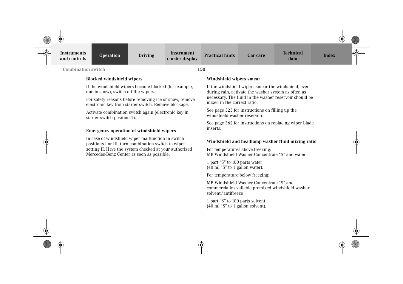 Blocked windshield wipers, Emergency operation of windshield wipers, Windshield wipers smear | Windshield and headlamp washer fluid mixing ratio | Mercedes-Benz 2002 C-Class User Manual | Page 153 / 406