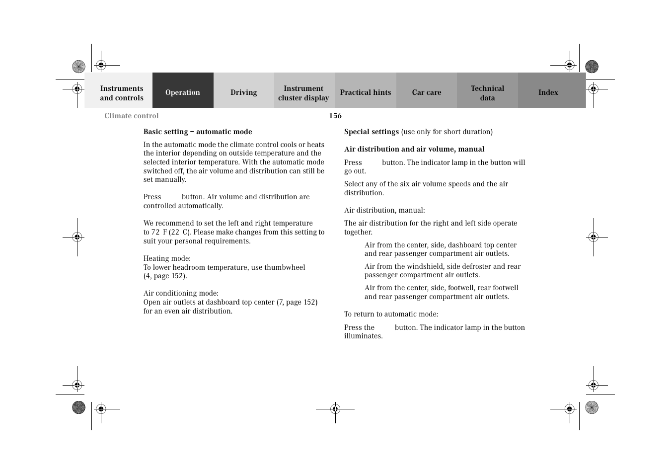 Climate control:basic setting, Climate control:special settings | Mercedes-Benz 2002 C-Class User Manual | Page 159 / 406