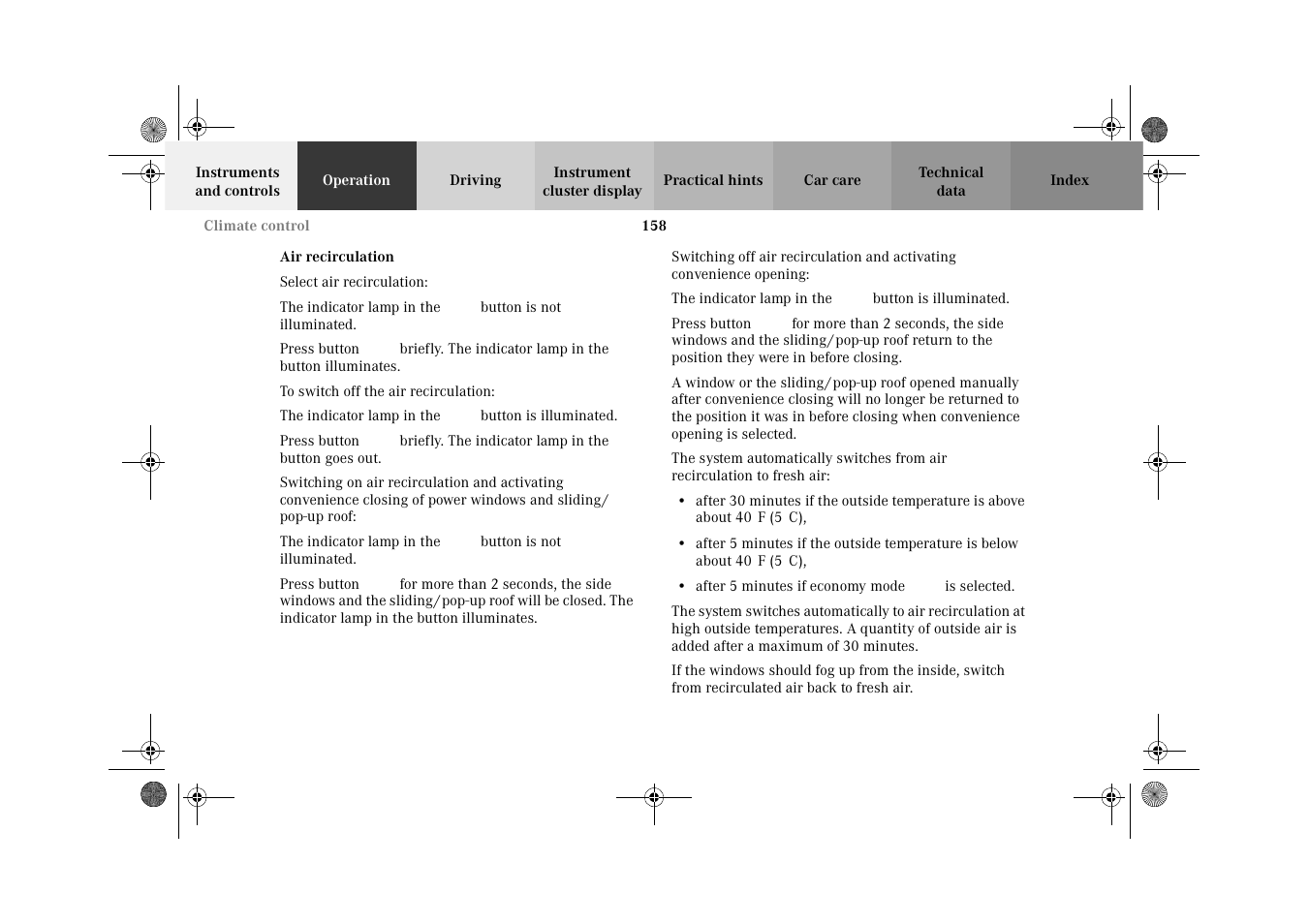 Climate control:air recirculation | Mercedes-Benz 2002 C-Class User Manual | Page 161 / 406