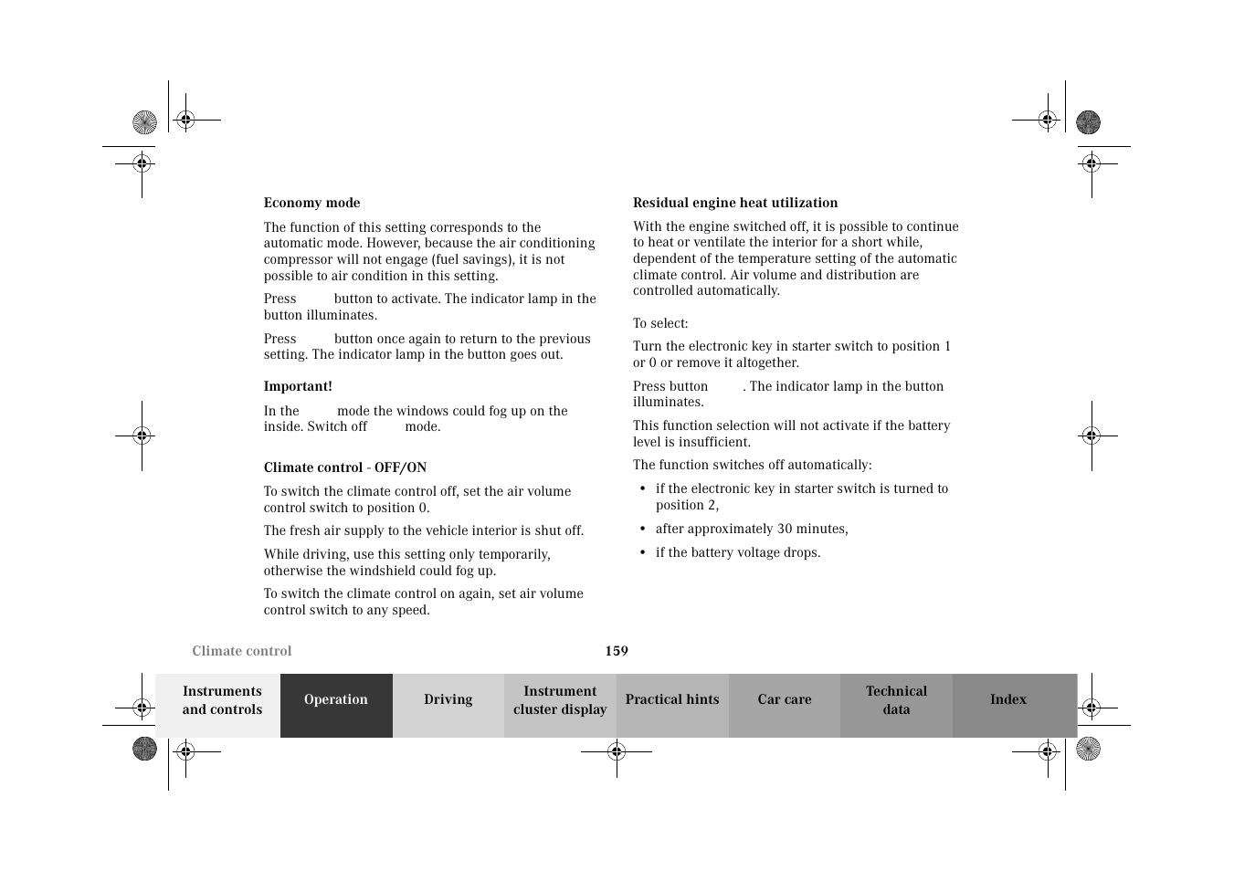 Climate control:economy mode, Climate control - off/on, Climate control:residual engine heat utilization | Mercedes-Benz 2002 C-Class User Manual | Page 162 / 406