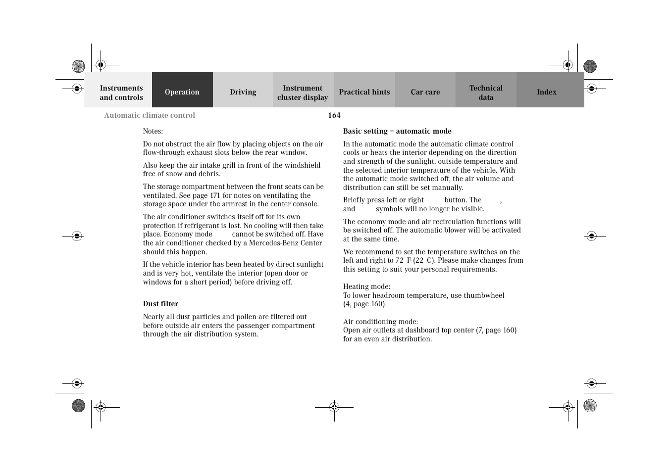 Automatic climate control:dust filter, Automatic climate control:basic setting | Mercedes-Benz 2002 C-Class User Manual | Page 167 / 406