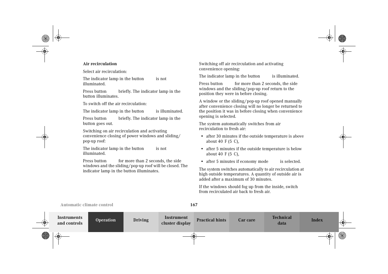 Automatic climate control:air recirculation | Mercedes-Benz 2002 C-Class User Manual | Page 170 / 406
