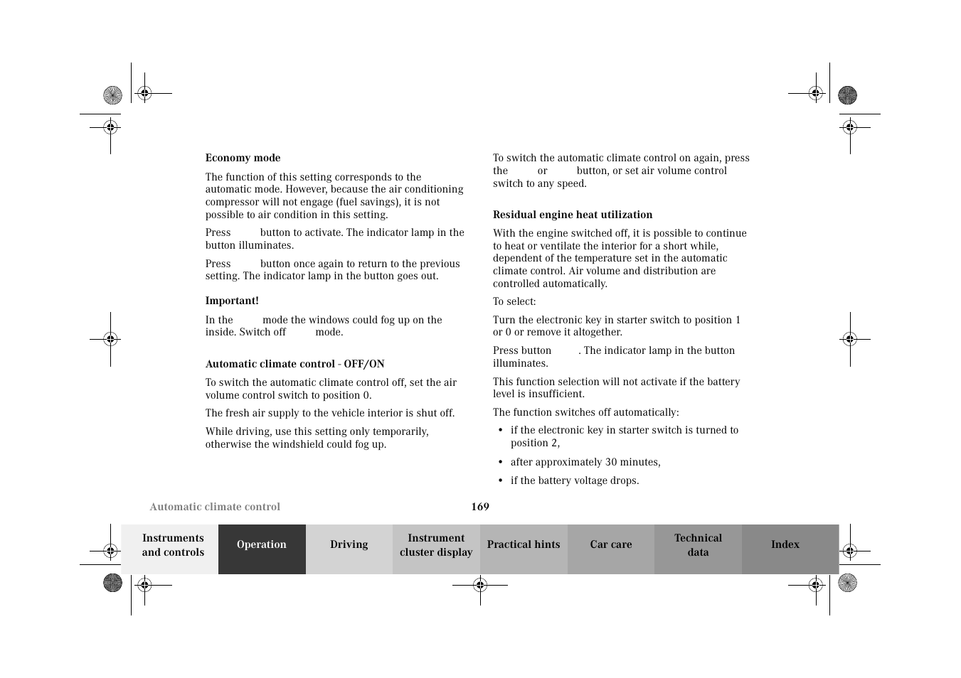 Automatic climate control:economy mode, Automatic climate control - off/on | Mercedes-Benz 2002 C-Class User Manual | Page 172 / 406