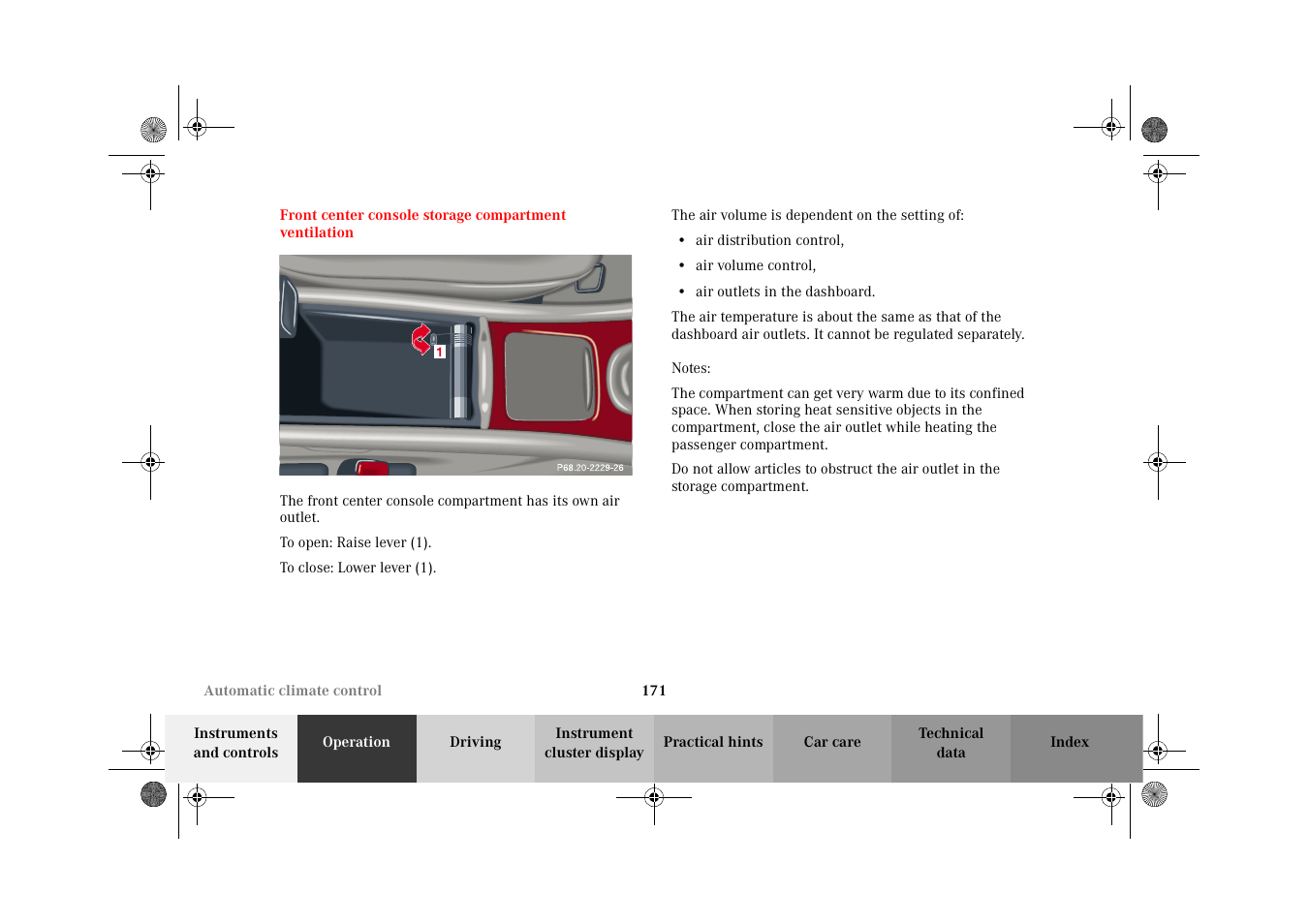 Front center console storage, Compartment ventilation | Mercedes-Benz 2002 C-Class User Manual | Page 174 / 406
