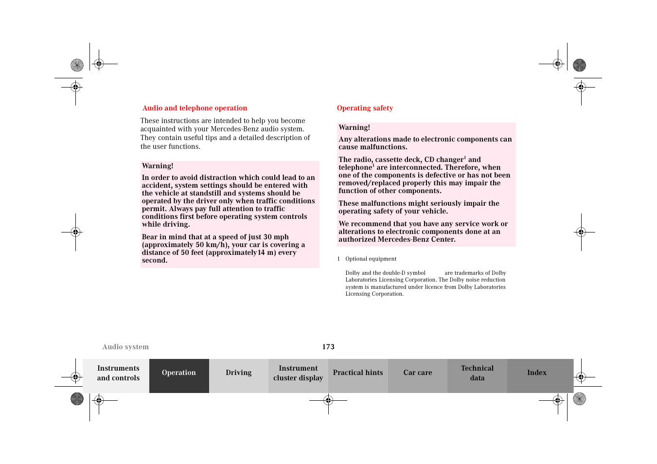 Operation audio and telephone, Operating safety, Operation audio and telephone operating safety | Mercedes-Benz 2002 C-Class User Manual | Page 176 / 406